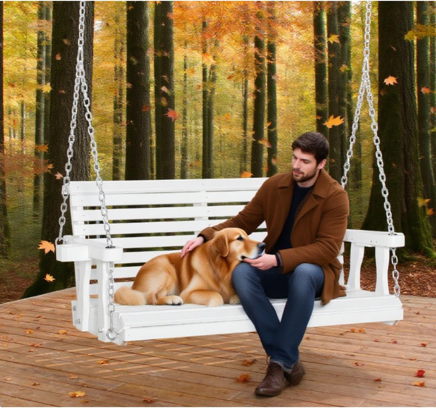 Wooden Outdoor Hanging Swing Chair with Cup Holders – Relax & Enjoy